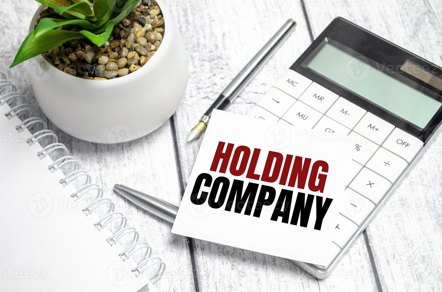 holding company words on calculator display and pen photo