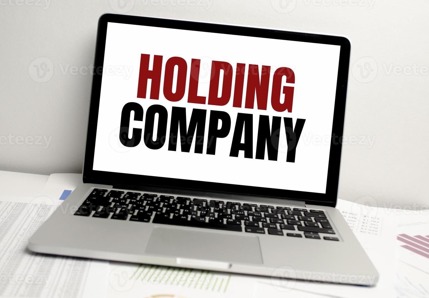 holding company words on laptop display and charts photo