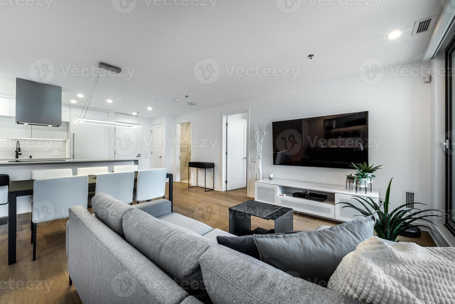 Modern apartment in new buliding in Montreal, Griffintown, Canada, fully staged and furnished photo