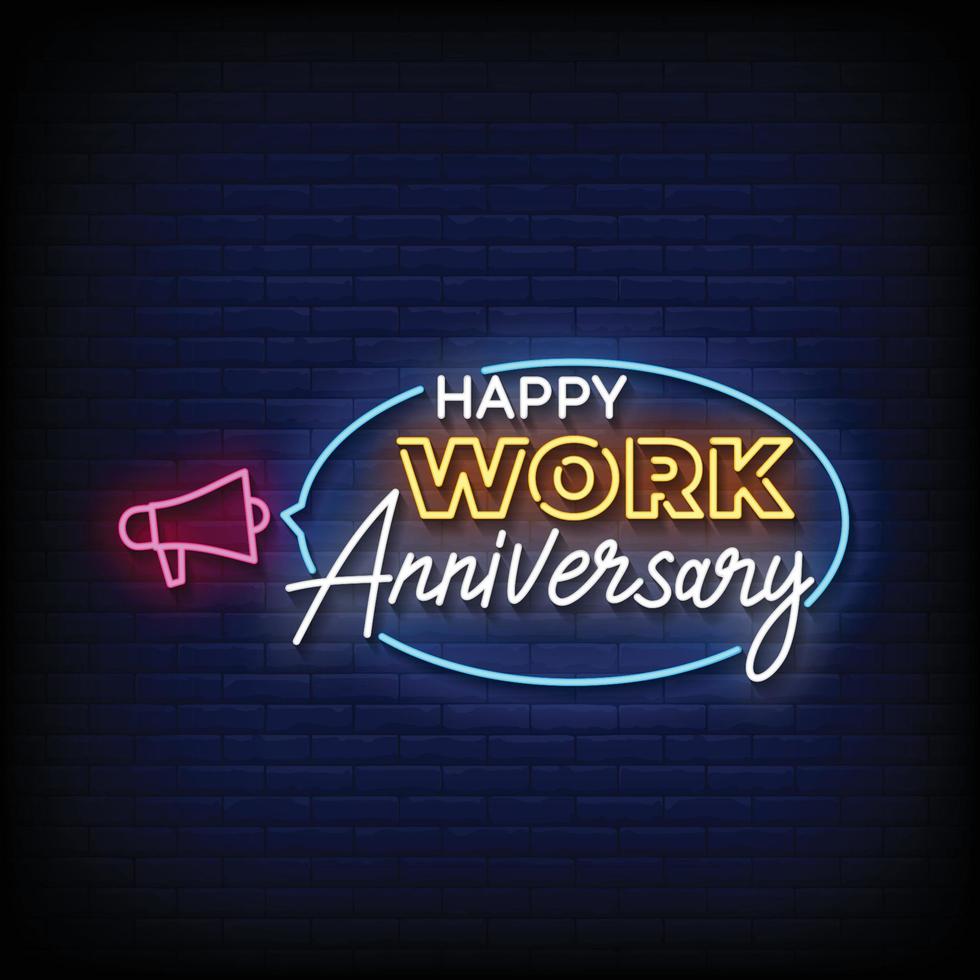 neon sign happy work anniversary with brick wall background vector illustration