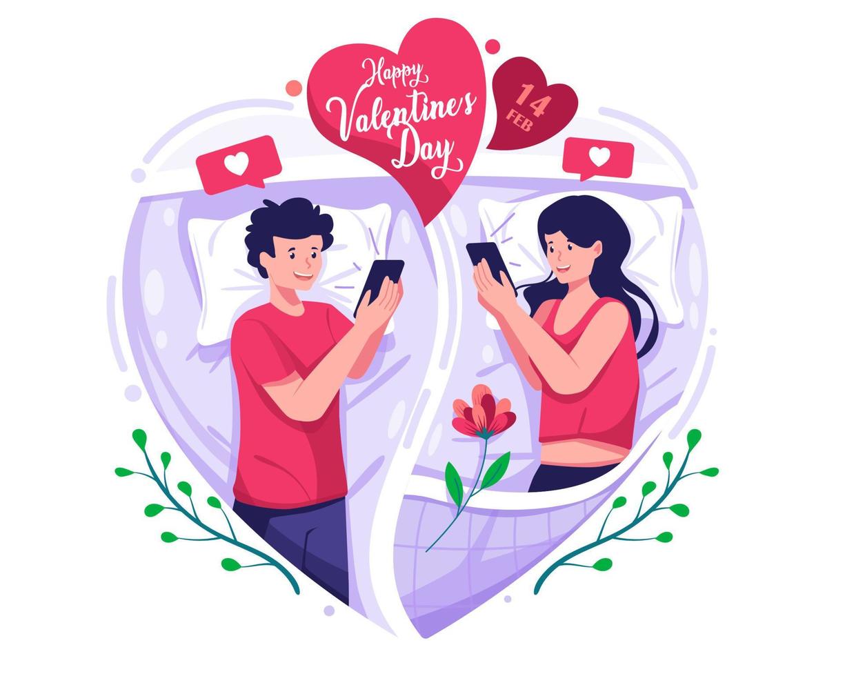 una pareja enamorada chateando en su teléfono inteligente en su dormitorio. amor a distancia. relaciones virtuales. ilustración del concepto del día de san valentín vector