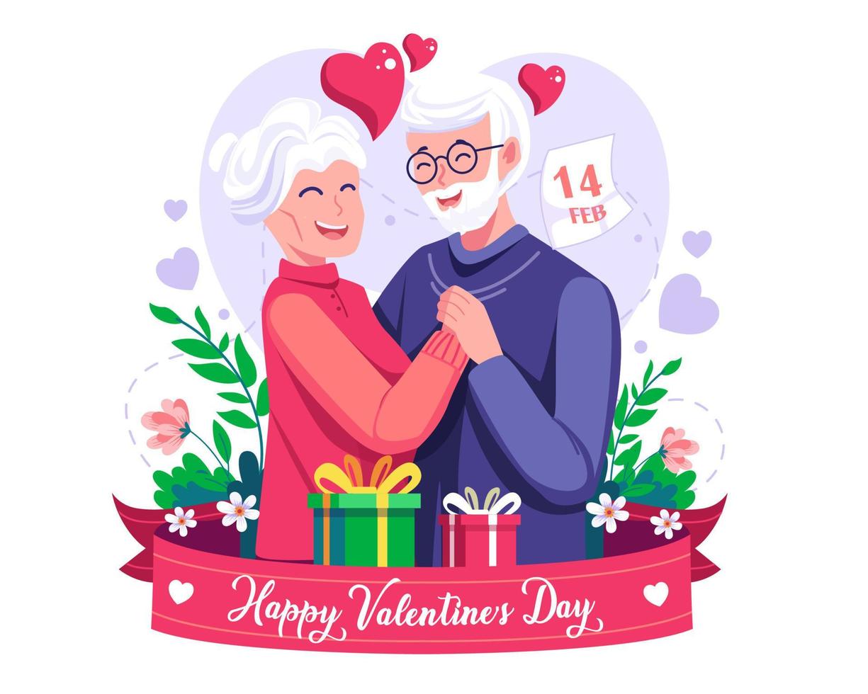 Old couple man and woman hugging each other. an elderly couple in Love. Happy Valentine's day. Vector illustration in flat style