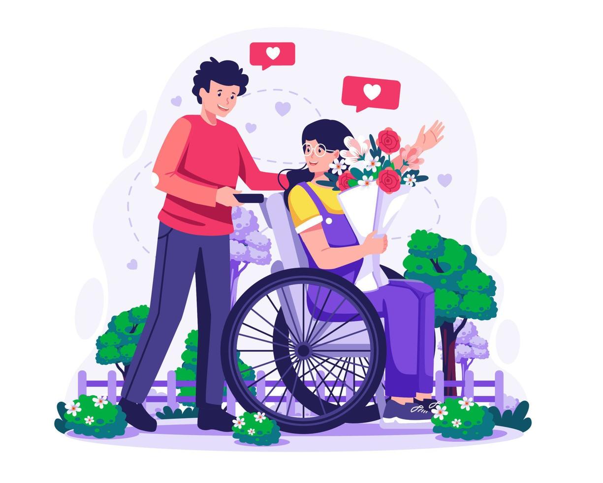 ilustración conceptual del día de san valentín con un joven caminando con su novia que lleva flores sentado en una silla de ruedas para dar un paseo por el parque vector