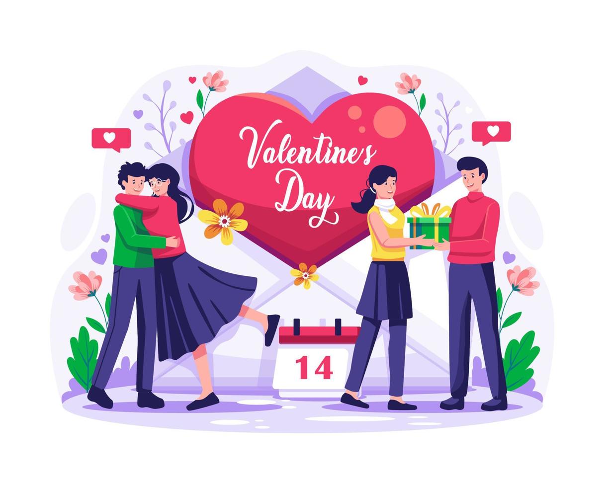 dos parejas enamoradas cerca de un gran sobre con un corazón rojo. día de San Valentín. ilustración vectorial en estilo plano vector