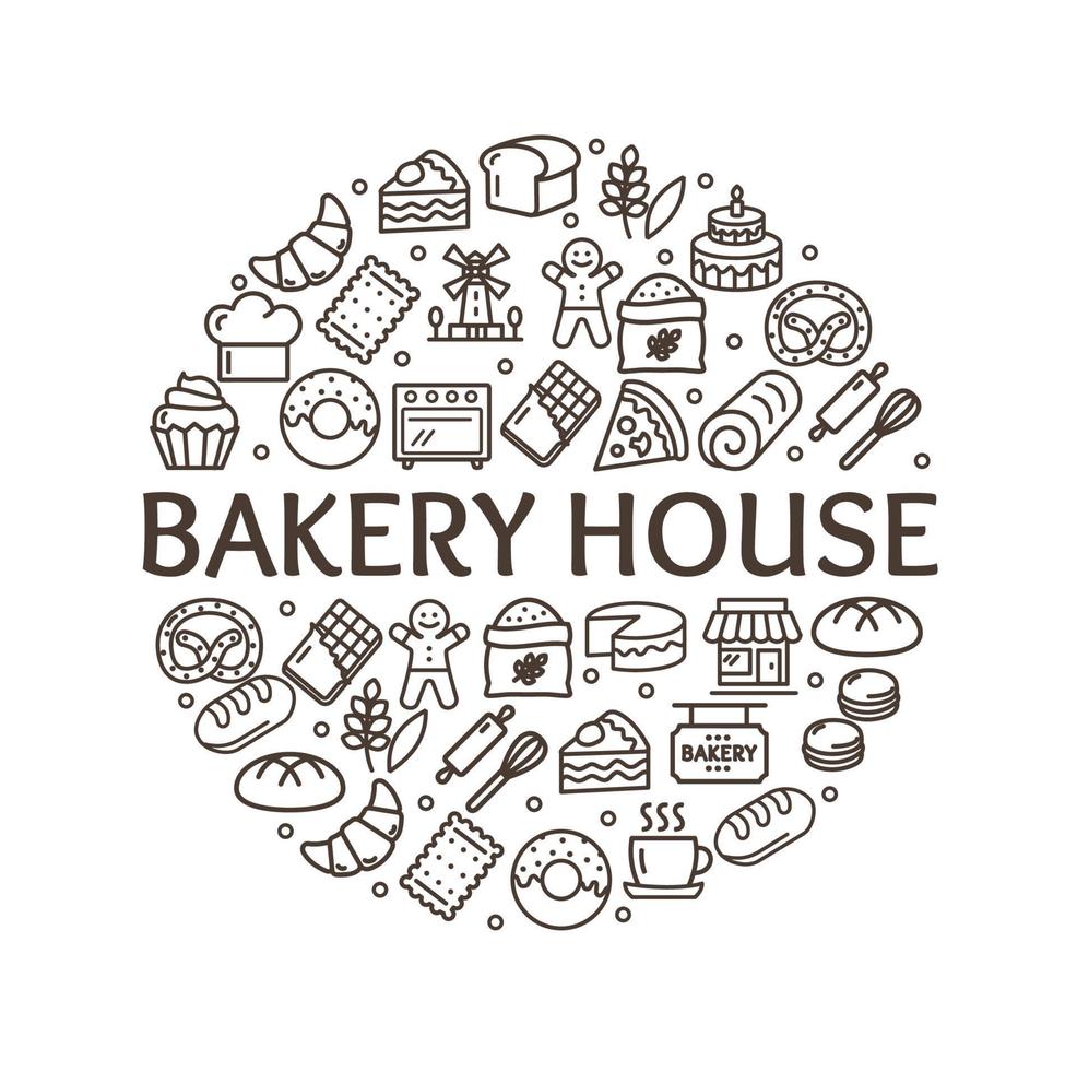 Bakery Signs Round Design Template Thin Line Icon Concept. Vector