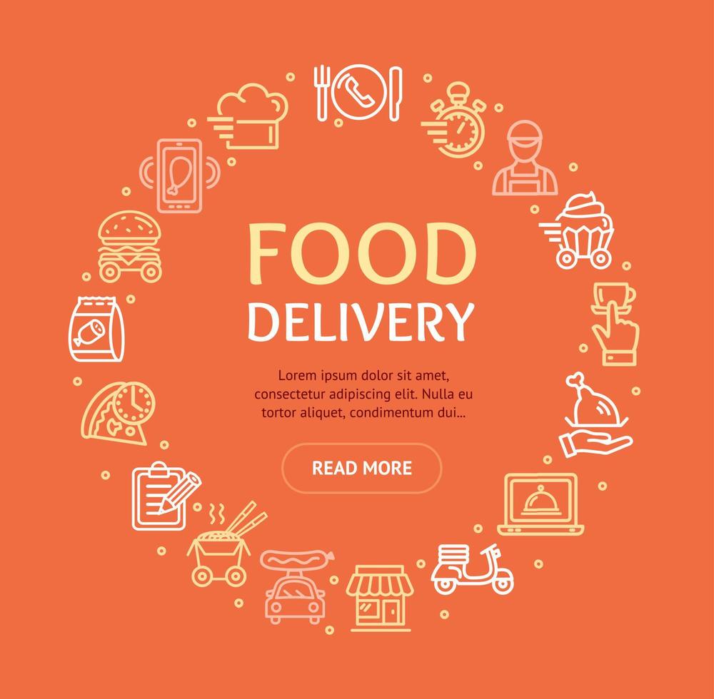 el servicio de entrega de alimentos firma el concepto de icono de línea delgada de plantilla de diseño redondo. vector