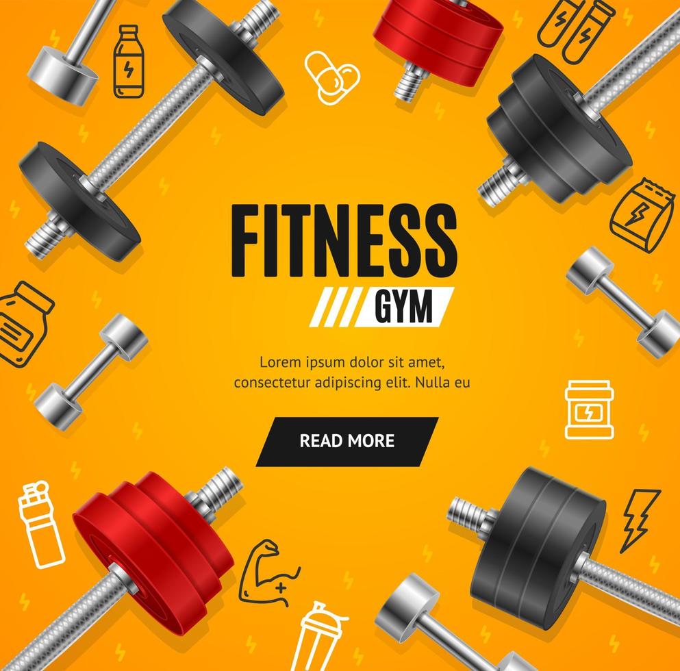 Fitness Gym Concept Banner Card with Realistic 3d Detailed Elements. Vector