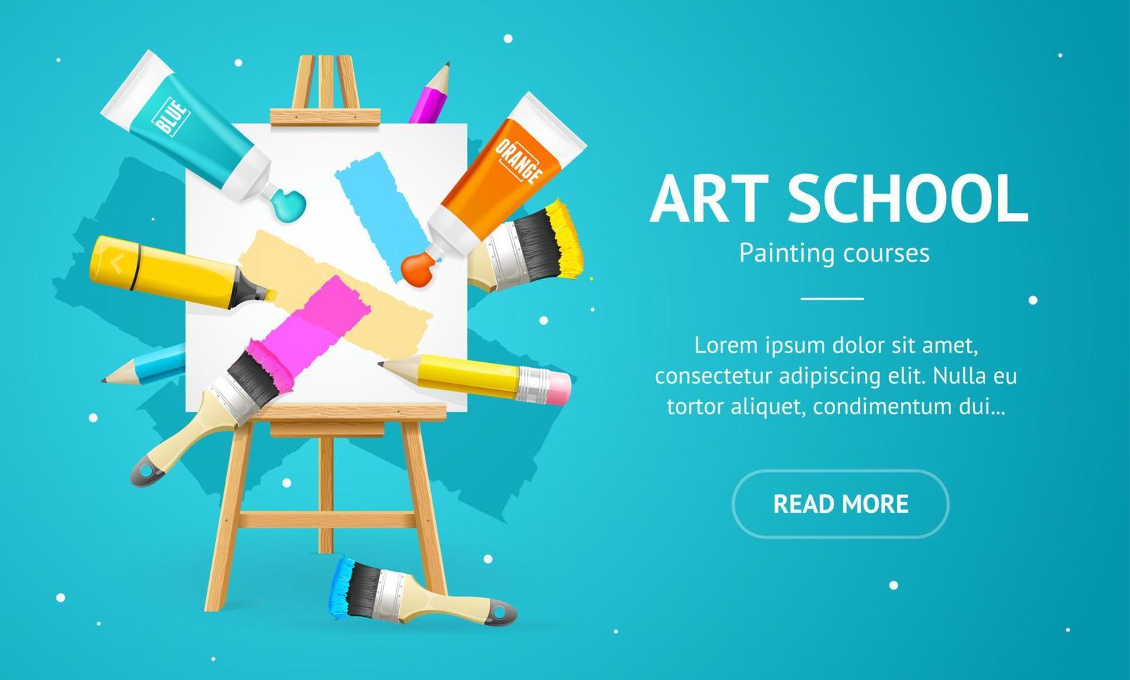 Art School Concept Banner Horizontal with Realistic Detailed 3d Elements. Vector