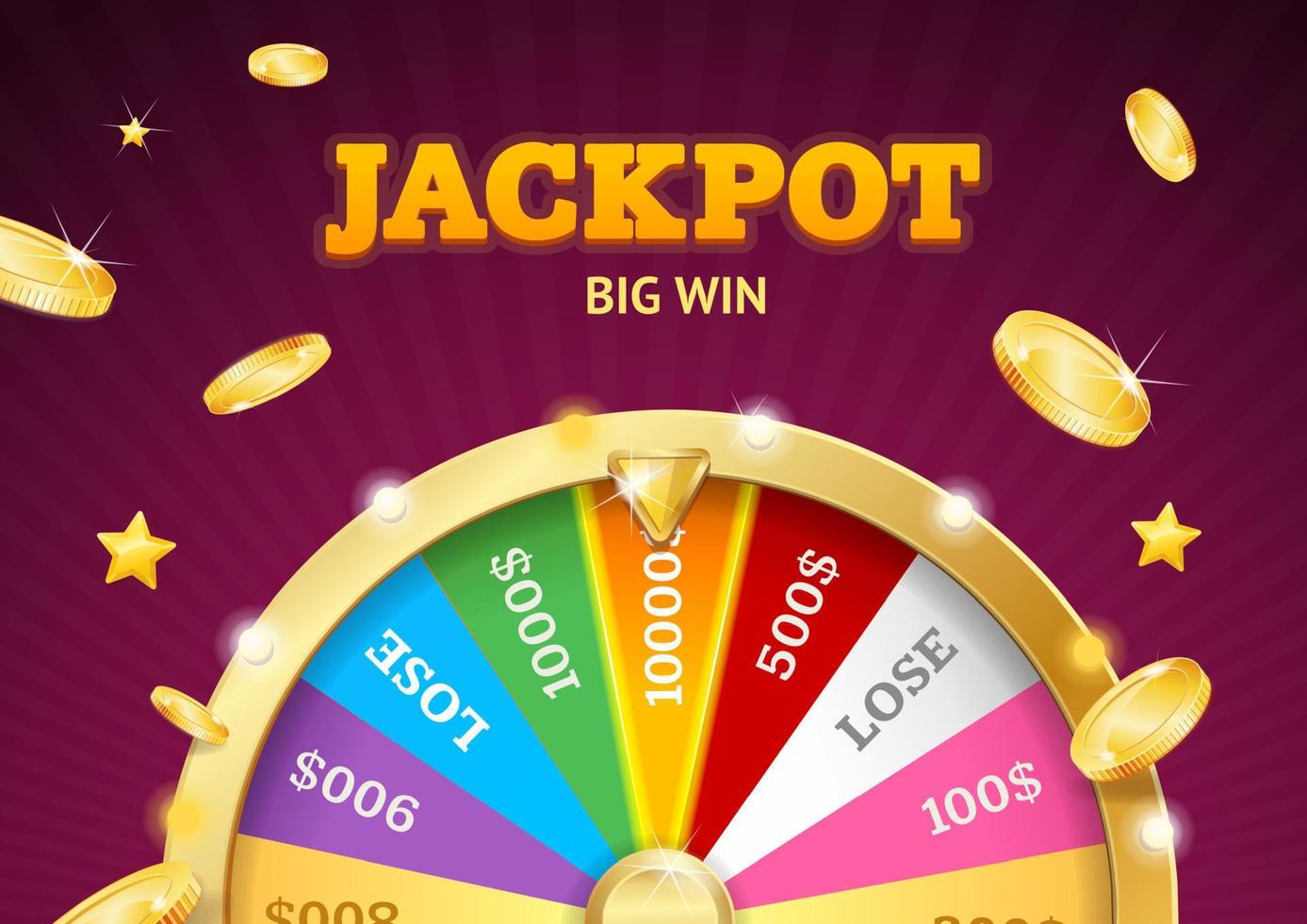 Concepto realista detallado de la gran victoria del jackpot de la rueda de la fortuna del casino en 3d. vector