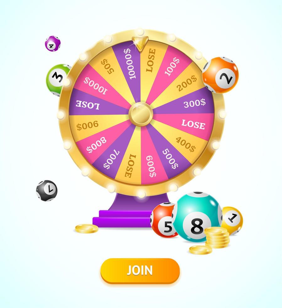 Realistic 3d Detailed Casino Fortune Wheel and Lottery Balls, Gold Coin Stacks. Vector