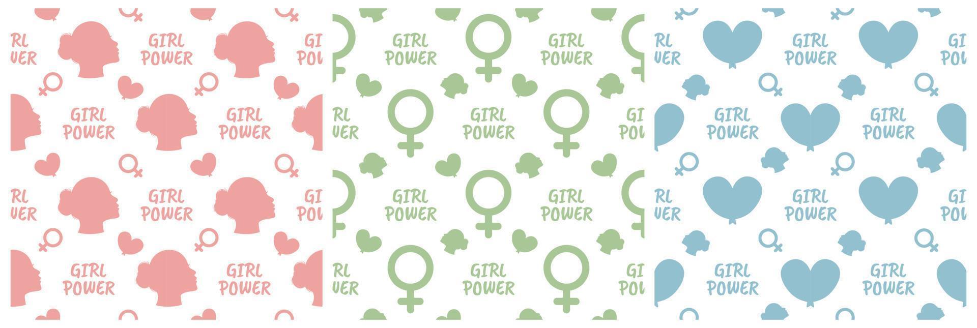 Set of Women Day Seamless Pattern Design with Girl Ornament in Template Hand Drawn Cartoon Flat Illustration vector