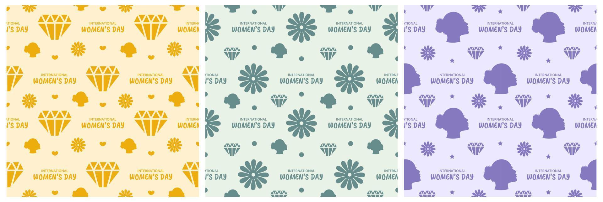 Set of Women Day Seamless Pattern Design with Girl Ornament in Template Hand Drawn Cartoon Flat Illustration vector