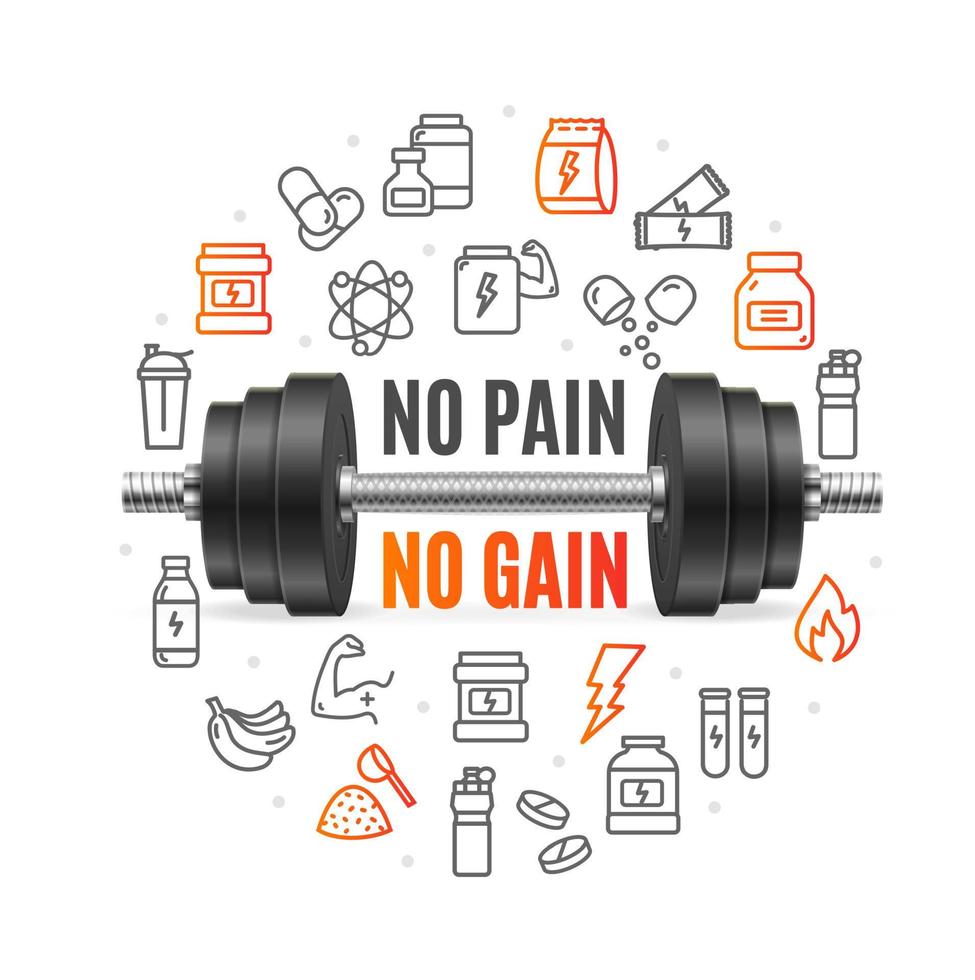 No Pain No Gain Concept with Black Dumbbell. Vector