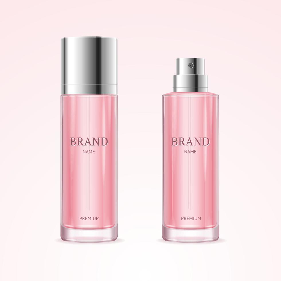 Realistic Detailed 3d Blank Perfume Bottle Pink Template Mockup Set. Vector