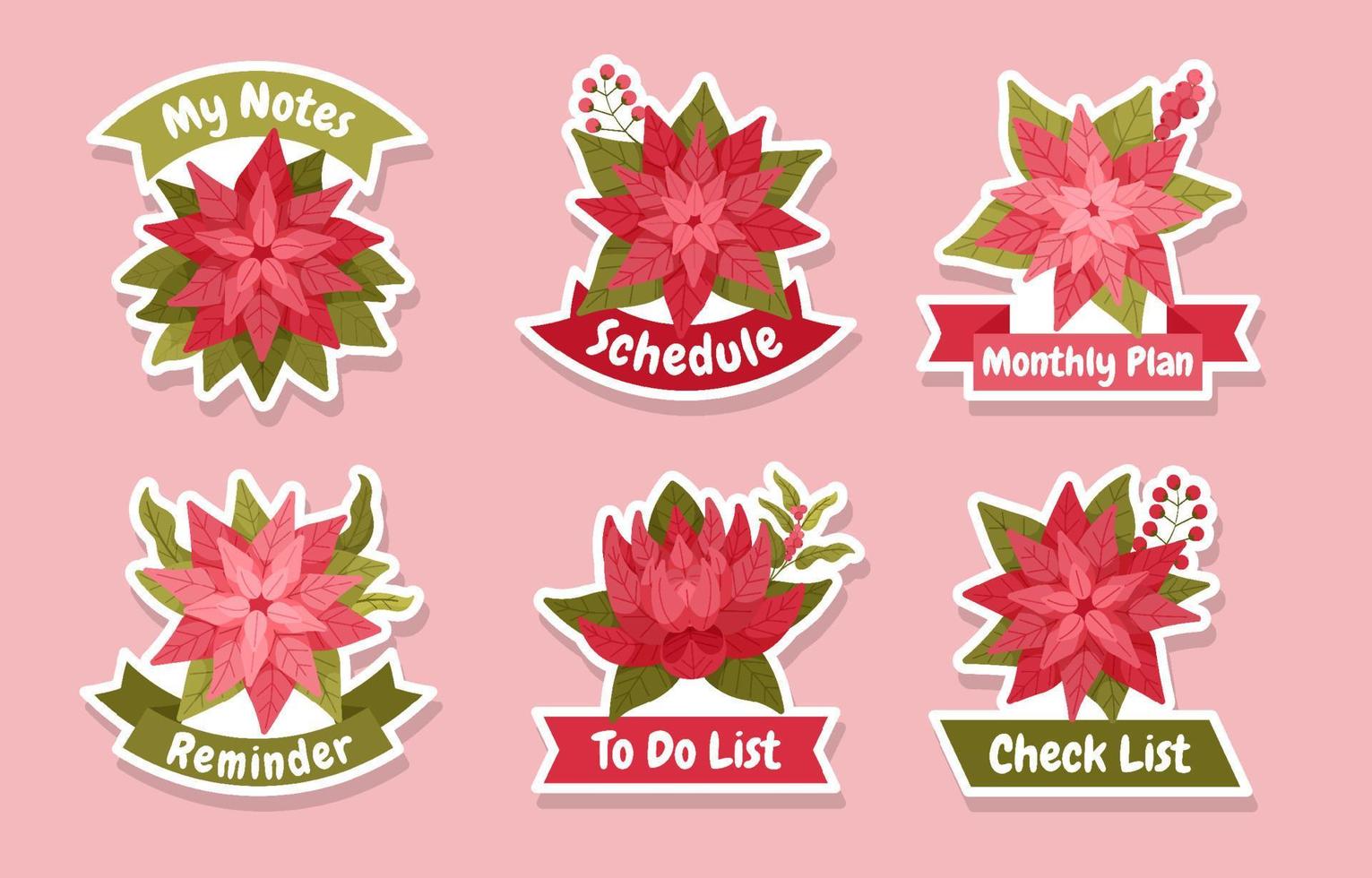 conjunto de pegatinas de diario floral de flor roja de poinsettia vector