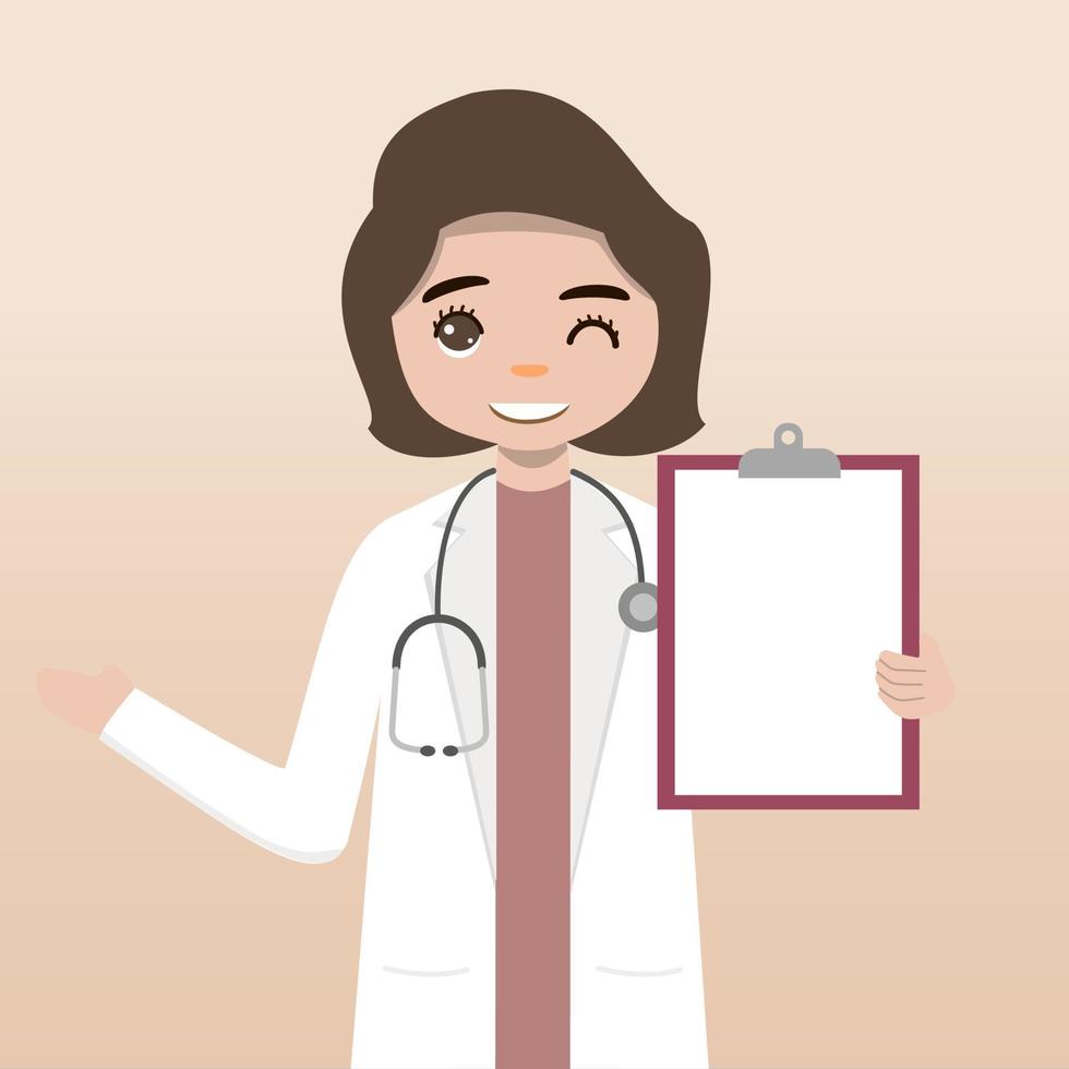 personaje médico de vista frontal. conjunto de creación de personajes médicos con emociones faciales, poses y gestos. estilo de dibujos animados, ilustración de vector plano. doctora. dedo apuntando hacia arriba, sosteniendo el portapapeles.