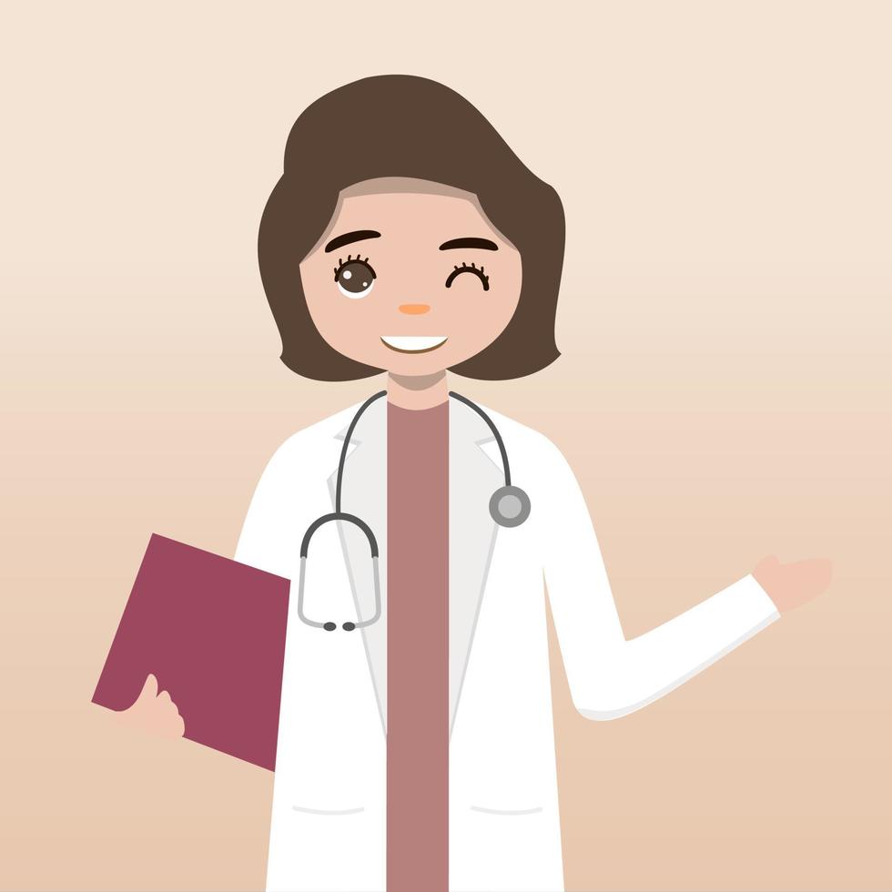 personaje médico de vista frontal. conjunto de creación de personajes médicos con emociones faciales, poses y gestos. estilo de dibujos animados, ilustración de vector plano. doctora. dedo apuntando hacia arriba, sosteniendo el portapapeles.