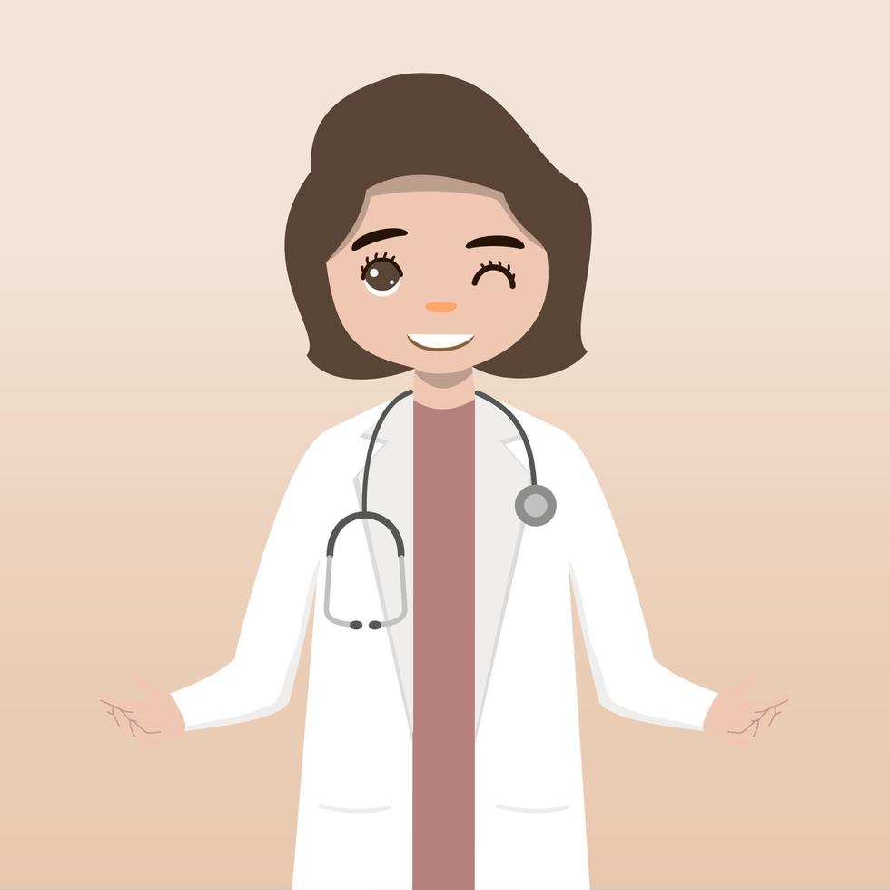 personaje médico de vista frontal. conjunto de creación de personajes médicos con emociones faciales, poses y gestos. estilo de dibujos animados, ilustración de vector plano. doctora. dedo apuntando hacia arriba, sosteniendo el portapapeles.