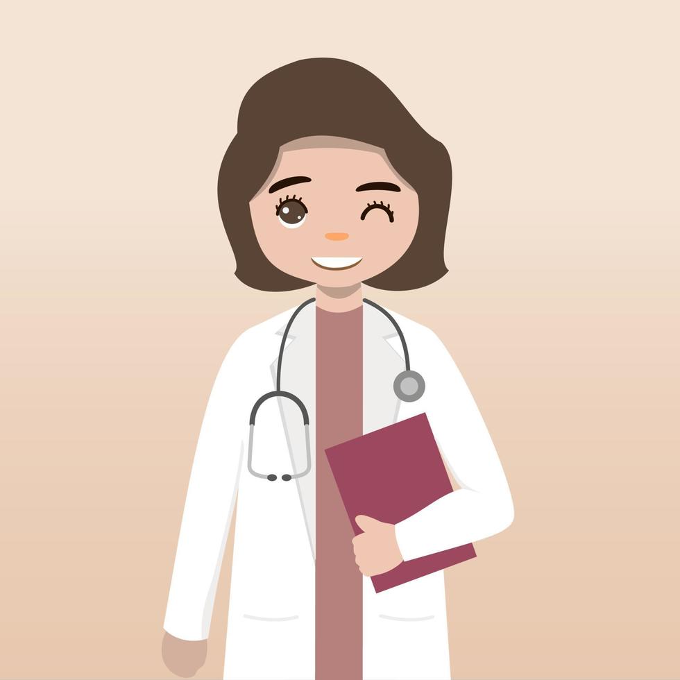 Front view doctor character. Doctor character creation set with face emotions, poses and gestures. Cartoon style, flat vector illustration.Female doctor. finger pointing up, holding clipboard.