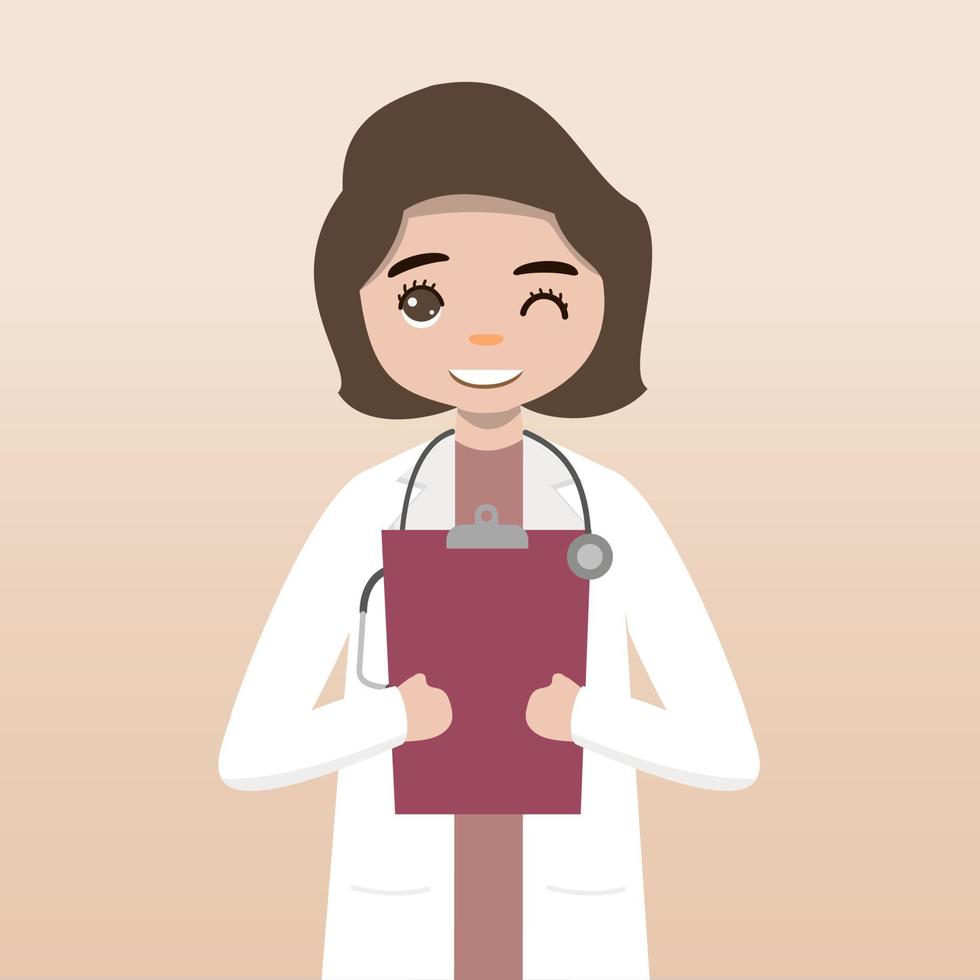 personaje médico de vista frontal. conjunto de creación de personajes médicos con emociones faciales, poses y gestos. estilo de dibujos animados, ilustración de vector plano. doctora. dedo apuntando hacia arriba, sosteniendo el portapapeles.