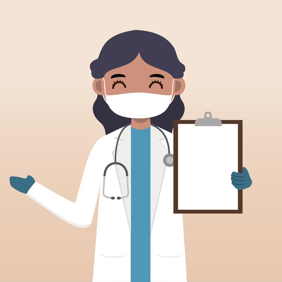 Front view doctor character. Doctor character creation set with face emotion, pose and gesture. Cartoon style, flat vector illustration.Female doctor using mask. finger pointing up, holding clipboard.