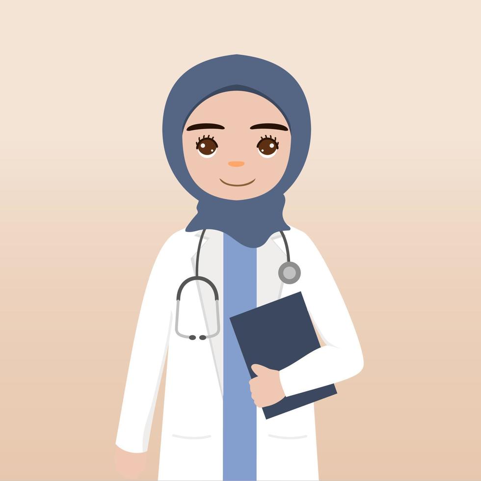 vista frontal del personaje del doctor hijab. la creación de personajes médicos enfrenta emociones, poses y gestos. estilo de dibujos animados, ilustración vectorial plana. dedo médico hijab femenino apuntando hacia arriba, sosteniendo el portapapeles. vector