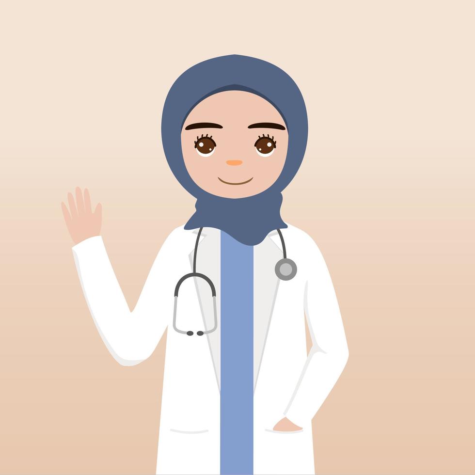 Front view hijab doctor character. Doctor character creation face emotions, pose and gesture. Cartoon style, flat vector illustration.Female hijab doctor finger pointing up, holding clipboard.