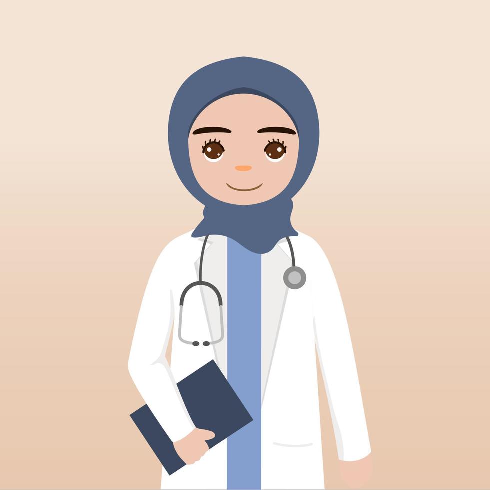 vista frontal del personaje del doctor hijab. la creación de personajes médicos enfrenta emociones, poses y gestos. estilo de dibujos animados, ilustración vectorial plana. dedo médico hijab femenino apuntando hacia arriba, sosteniendo el portapapeles. vector