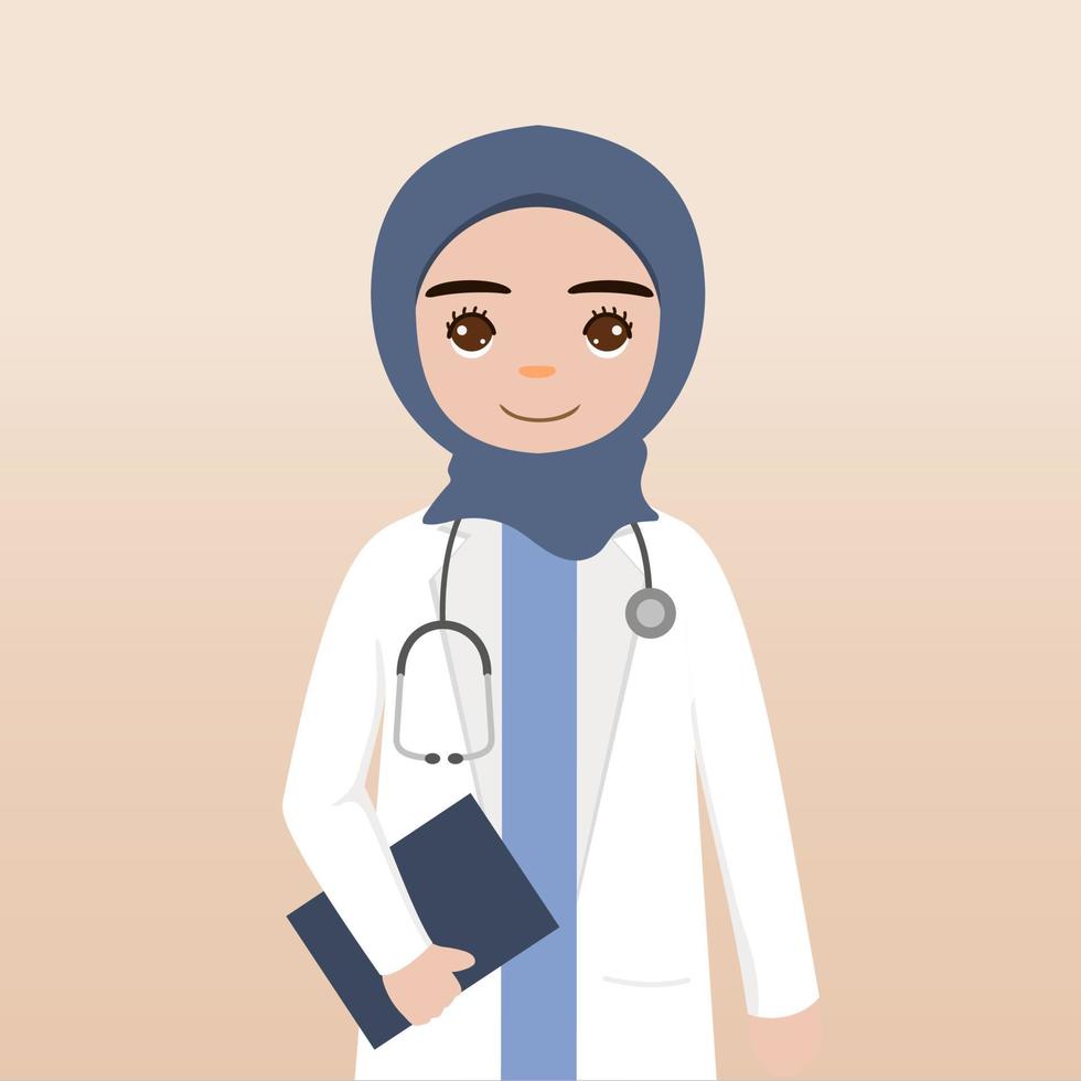 Front view hijab doctor character. Doctor character creation face emotions, pose and gesture. Cartoon style, flat vector illustration.Female hijab doctor finger pointing up, holding clipboard.