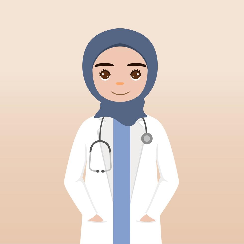 Front view hijab doctor character. Doctor character creation face emotions, pose and gesture. Cartoon style, flat vector illustration.Female hijab doctor finger pointing up, holding clipboard.