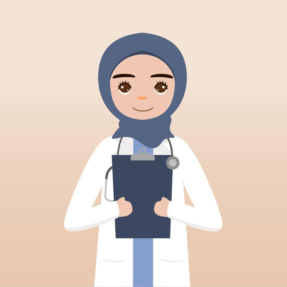 Front view hijab doctor character. Doctor character creation face emotions, pose and gesture. Cartoon style, flat vector illustration.Female hijab doctor finger pointing up, holding clipboard.