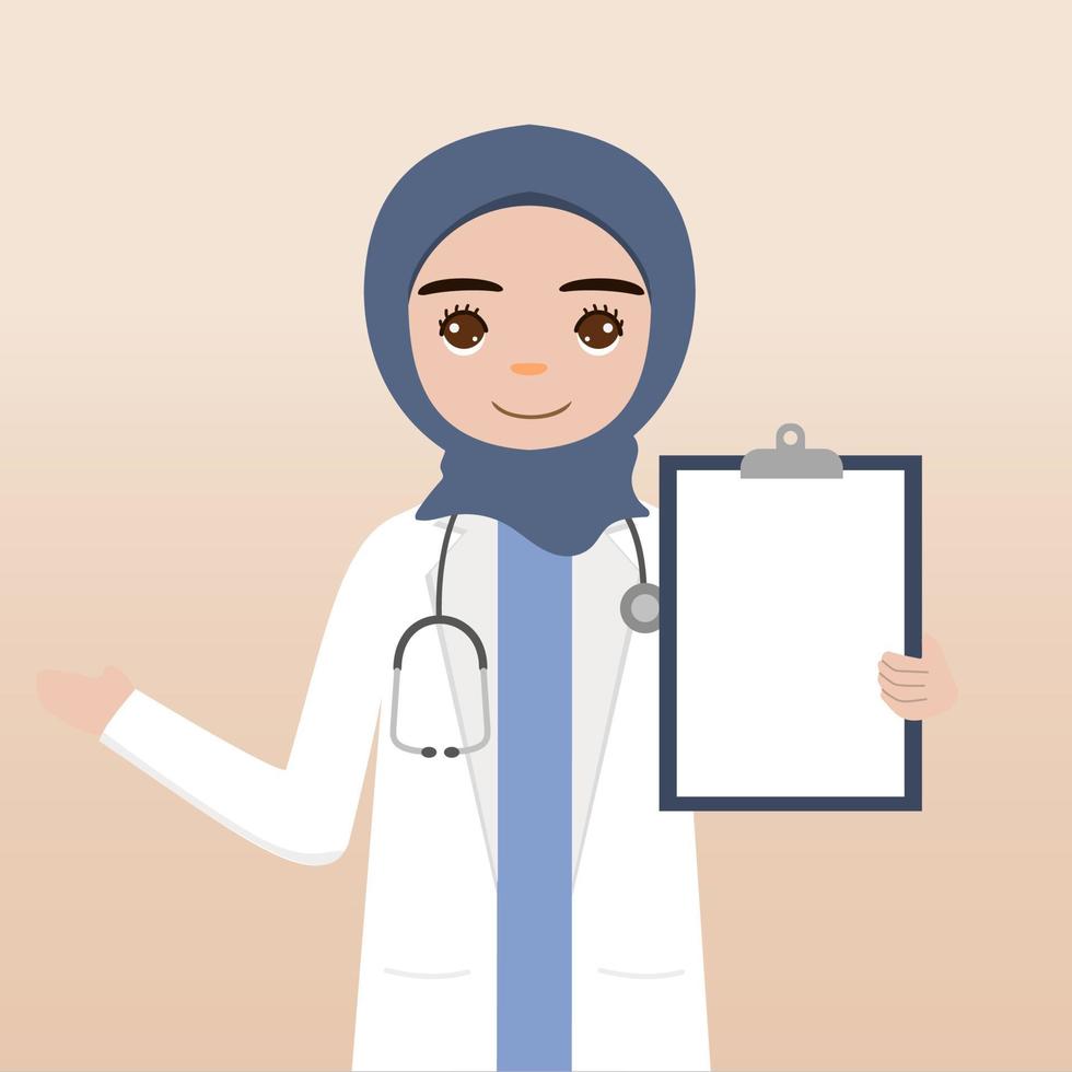 vista frontal del personaje del doctor hijab. la creación de personajes médicos enfrenta emociones, poses y gestos. estilo de dibujos animados, ilustración vectorial plana. dedo médico hijab femenino apuntando hacia arriba, sosteniendo el portapapeles. vector