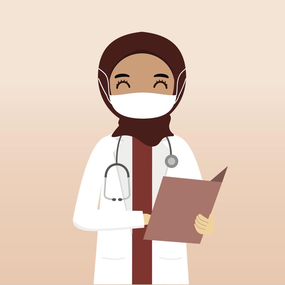 Front view muslim hijab doctor character. Doctor character creation with views, face emotion, pose, gesture and mask. Cartoon style, flat vector illustration. Female doctor with mask