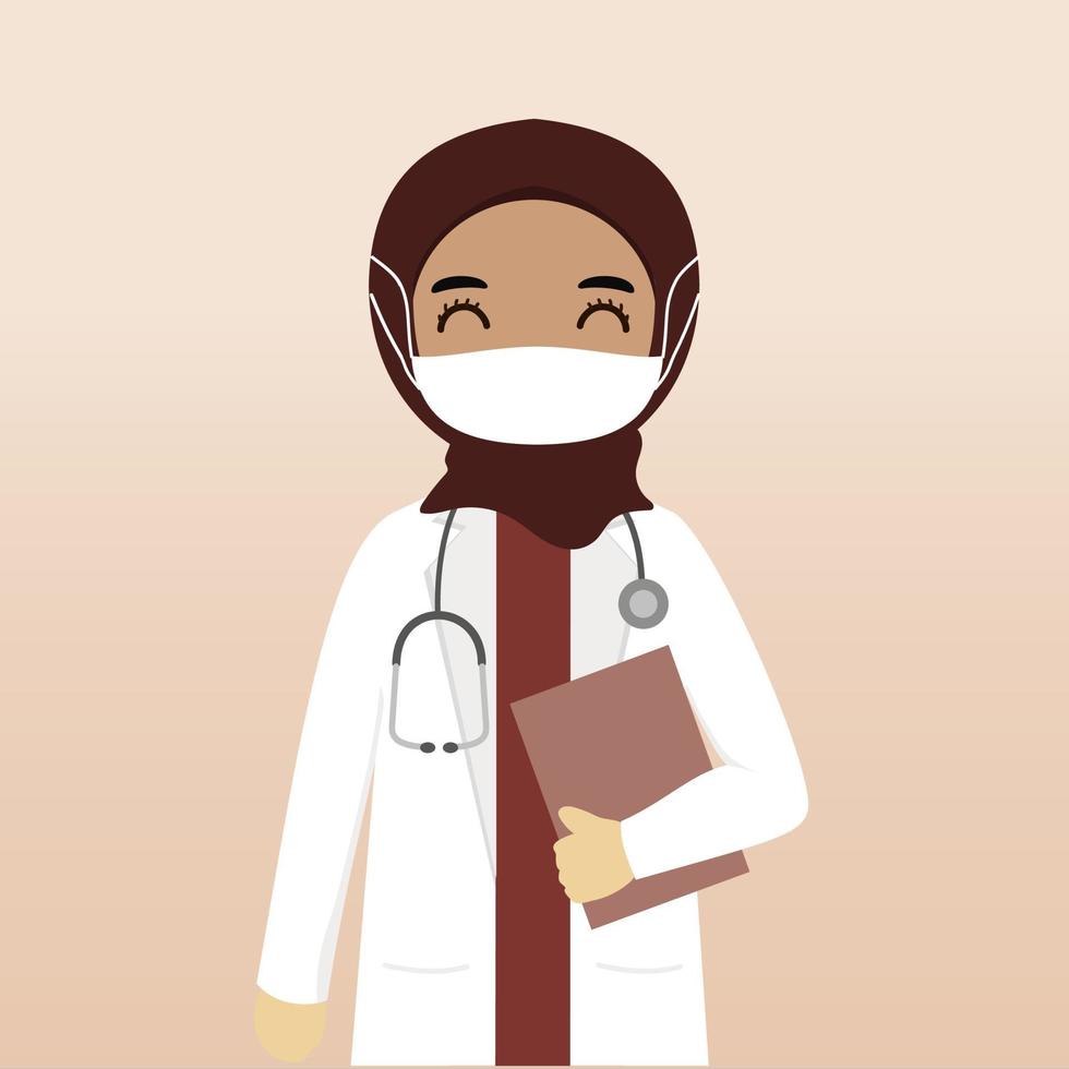 vista frontal del personaje médico hijab musulmán. creación de personajes médicos con vistas, emoción facial, pose, gesto y máscara. estilo de dibujos animados, ilustración vectorial plana. doctora con mascarilla vector