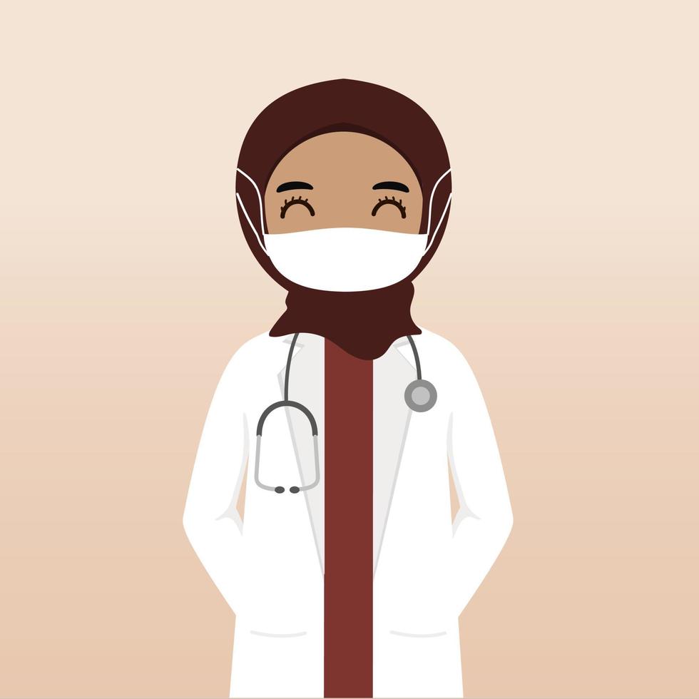 Front view muslim hijab doctor character. Doctor character creation with views, face emotion, pose, gesture and mask. Cartoon style, flat vector illustration. Female doctor with mask