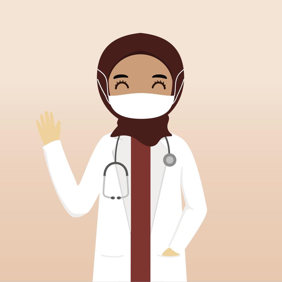 Front view muslim hijab doctor character. Doctor character creation with views, face emotion, pose, gesture and mask. Cartoon style, flat vector illustration. Female doctor with mask