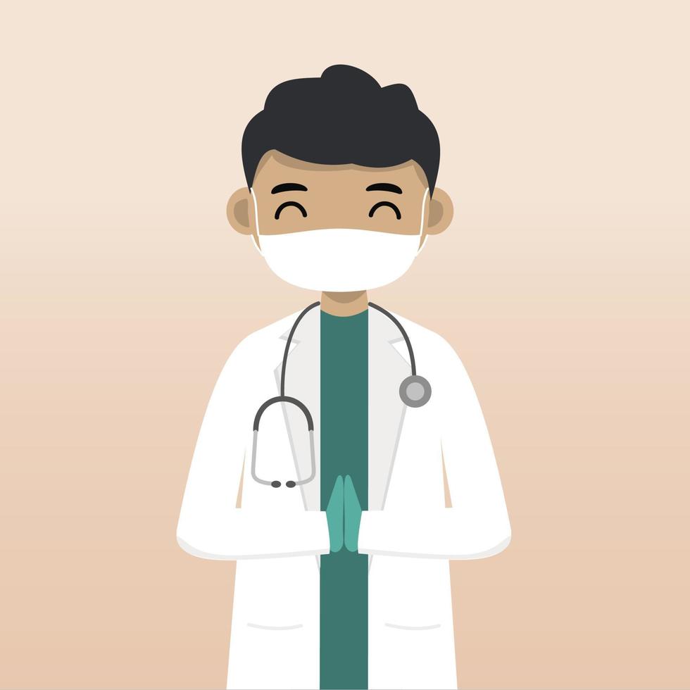 Front view doctor character using mask. Doctor character creation with face emotion, pose and gesture. Cartoon style, flat vector illustration. Male doctor finger pointing up, holding clipboard.