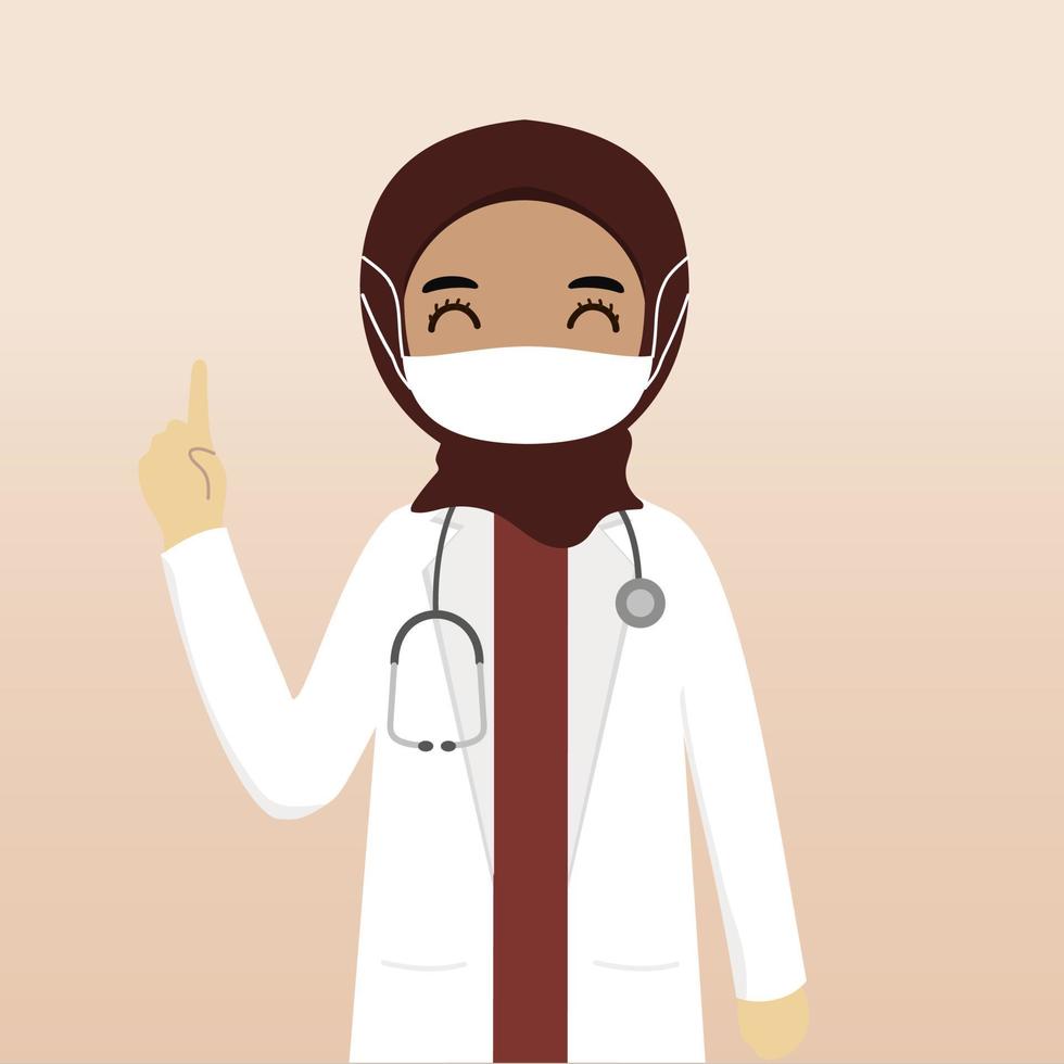 personaje médico hijab musulmán de vista frontal. creación de personajes médicos con vistas, emoción facial, pose, gesto y máscara. estilo de dibujos animados, ilustración vectorial plana. doctora con mascarilla vector