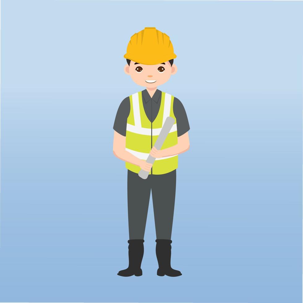 arquitecto, técnico y constructores e ingenieros y mecánicos y trabajadores de la construcción trabajo en equipo, personaje de dibujos animados de ilustración vectorial. ingeniero con casco de seguridad amarillo en obra. vector