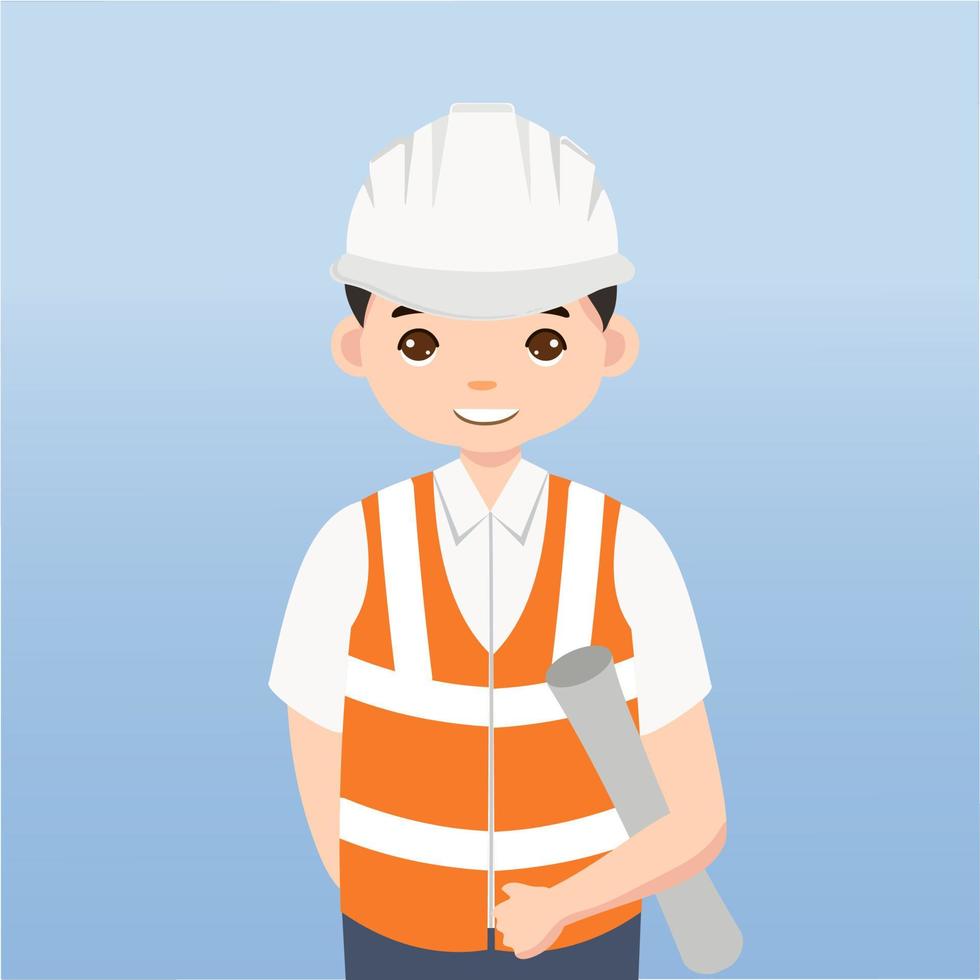 arquitecto, técnico y constructores e ingenieros y mecánicos y trabajadores de la construcción trabajo en equipo, personaje de dibujos animados de ilustración vectorial. ingeniero con casco de seguridad blanco en obra. vector