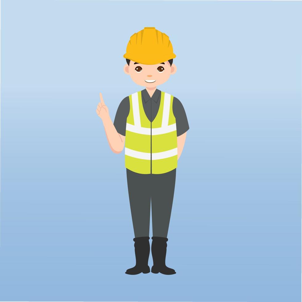 arquitecto, técnico y constructores e ingenieros y mecánicos y trabajadores de la construcción trabajo en equipo, personaje de dibujos animados de ilustración vectorial. ingeniero con casco de seguridad amarillo en obra. vector