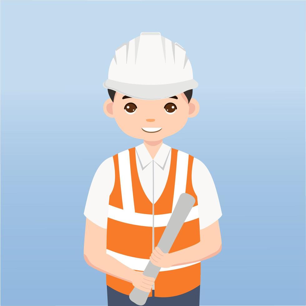 arquitecto, técnico y constructores e ingenieros y mecánicos y trabajadores de la construcción trabajo en equipo, personaje de dibujos animados de ilustración vectorial. ingeniero con casco de seguridad blanco en obra. vector