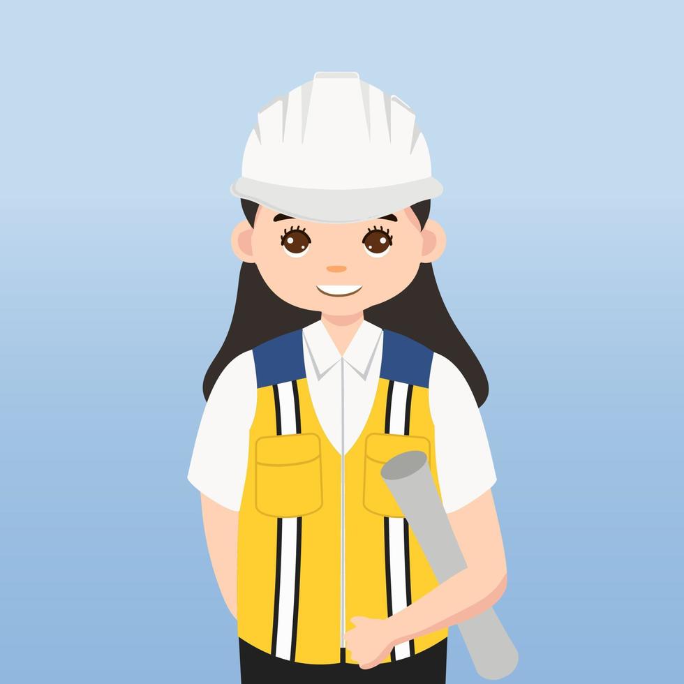 arquitecto, técnico y constructores e ingenieros y mecánicos y trabajadores de la construcción trabajo en equipo, personaje de dibujos animados de ilustración vectorial. ingeniero con casco de seguridad blanco en obra. vector