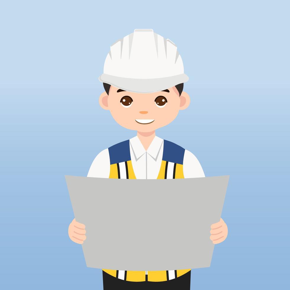 Architect, technician and builders and engineers and mechanics and Construction Worker,Vector illustration cartoon character. Engineer with white safety helmet and vest in construction site. vector