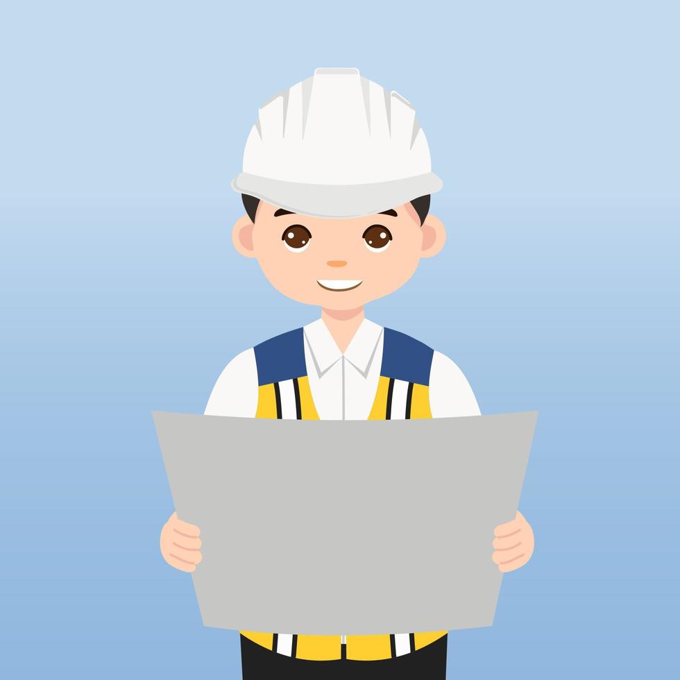 arquitecto, técnico y constructores e ingenieros y mecánicos y trabajadores de la construcción, personaje de dibujos animados de ilustración vectorial. ingeniero con casco de seguridad blanco y chaleco en obra. vector