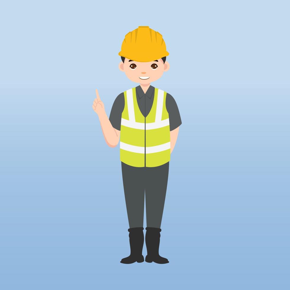 arquitecto, técnico y constructores e ingenieros y mecánicos y trabajadores de la construcción, personaje de dibujos animados de ilustración vectorial. mujer ingeniera con casco de seguridad blanco y chaleco en obra. vector