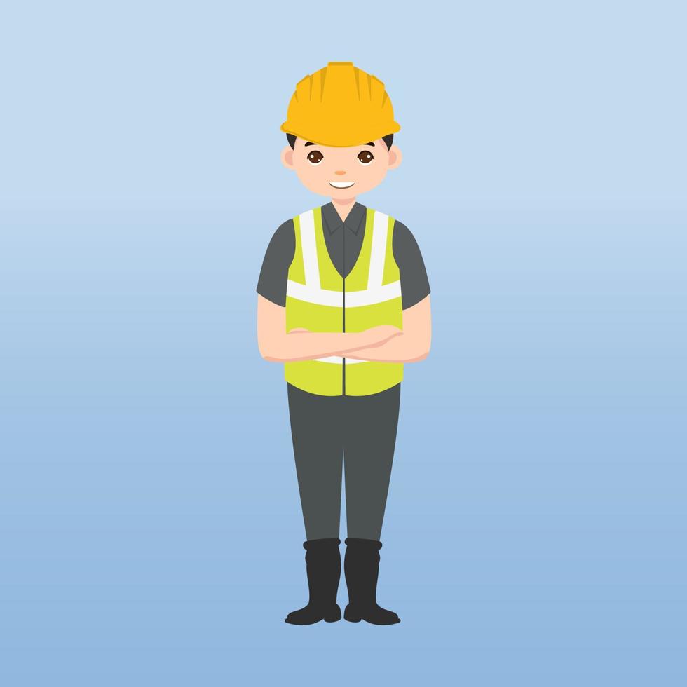 arquitecto, técnico y constructores e ingenieros y mecánicos y trabajadores de la construcción, personaje de dibujos animados de ilustración vectorial. mujer ingeniera con casco de seguridad blanco y chaleco en obra. vector