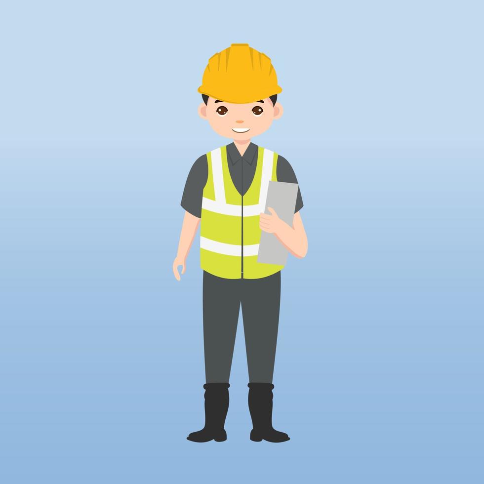 arquitecto, técnico y constructores e ingenieros y mecánicos y trabajadores de la construcción, personaje de dibujos animados de ilustración vectorial. mujer ingeniera con casco de seguridad blanco y chaleco en obra. vector