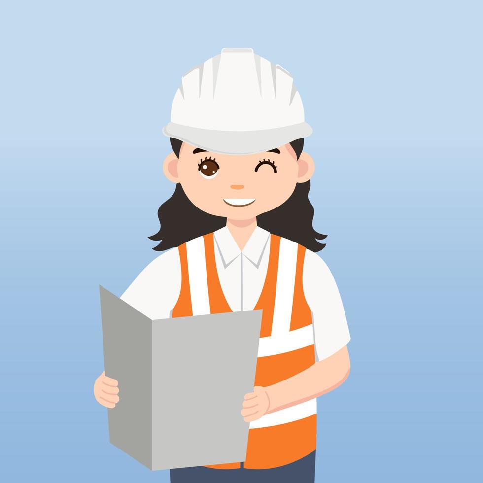 arquitecto, técnico y constructores e ingenieros y mecánicos y trabajadores de la construcción, personaje de dibujos animados de ilustración vectorial. mujer ingeniera con casco de seguridad blanco y chaleco en obra. vector