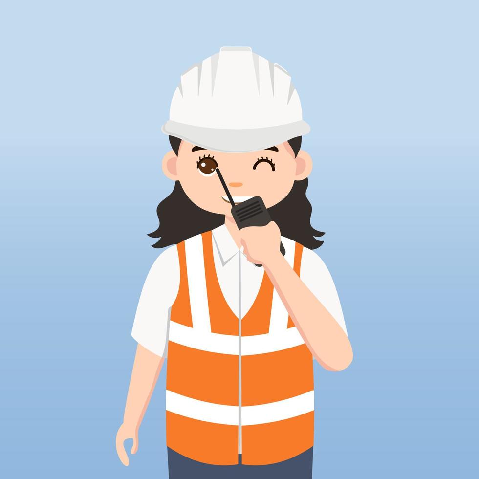 arquitecto, técnico y constructores e ingenieros y mecánicos y trabajadores de la construcción, personaje de dibujos animados de ilustración vectorial. mujer ingeniera con casco de seguridad blanco y chaleco en obra. vector